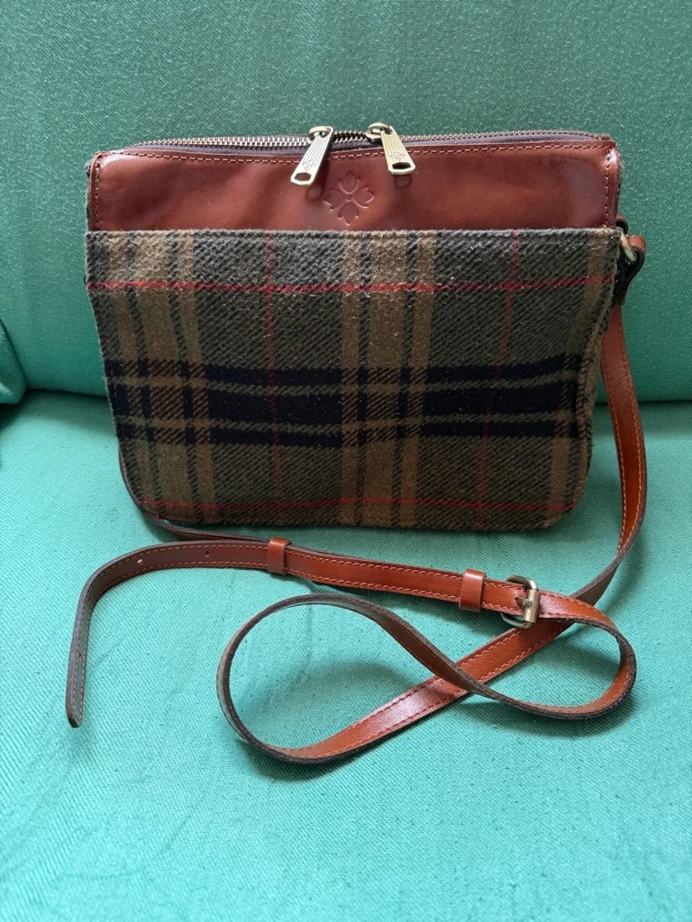 Patricia Nash Brown Plaid Wool & Chestnut Leather Messenger Bag